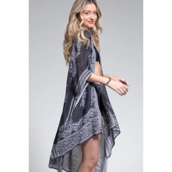 Earl Gray Bohemian Damask Paisley Printed Open Kimono Coverup Wrap - Picture 3 of 4